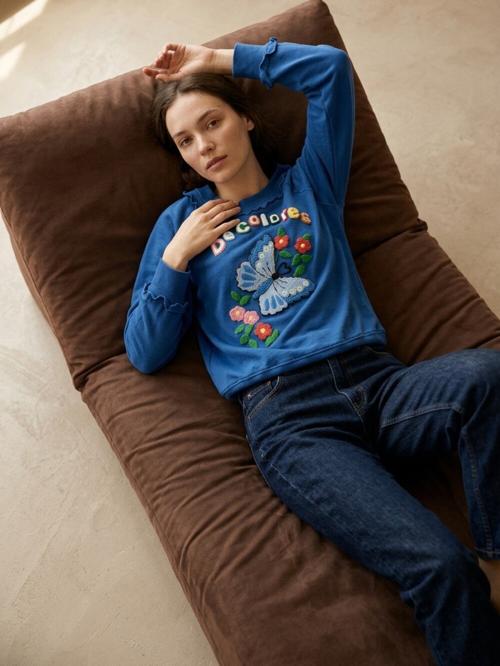 Vintage 80s Blue Butterfly Sweatshirt Embroidered Floral Ruffle Size Largr